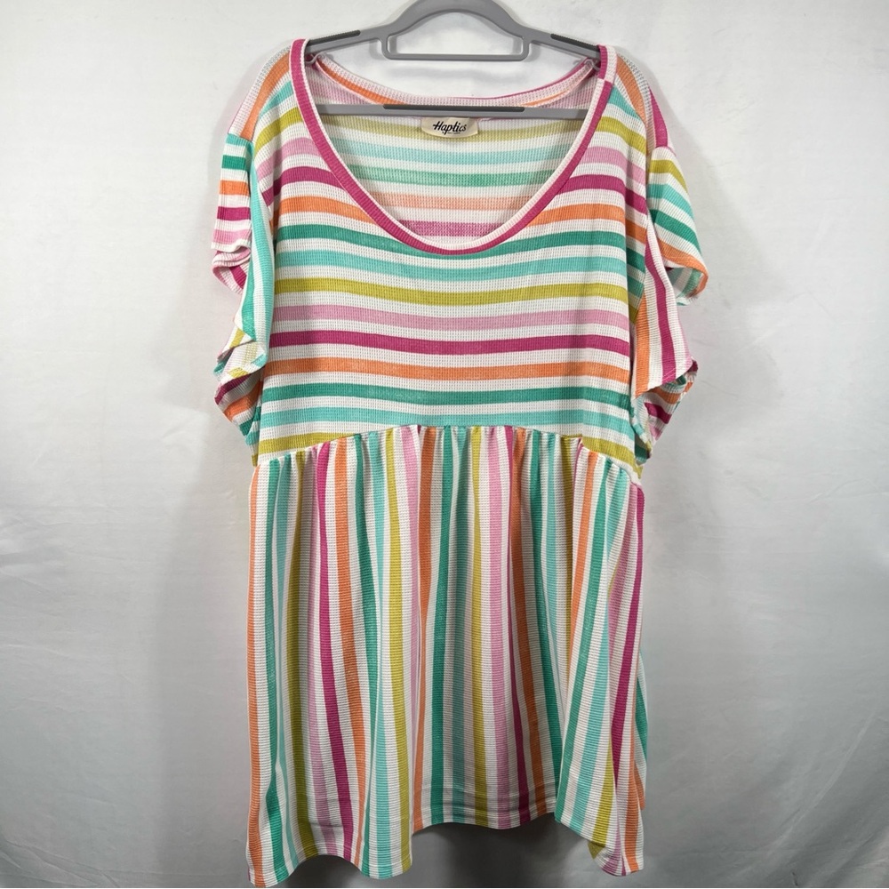 Haptics by Holly Harper Womens Rainbow Striped Short Sleeve Tunic Blouse 0833